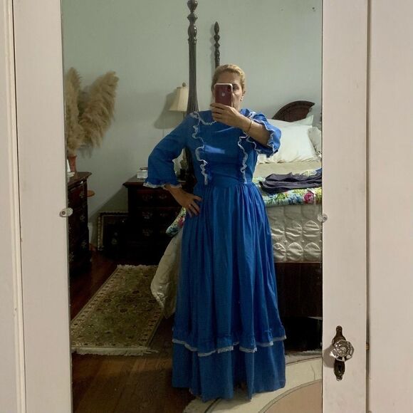 Vtg blue checked handmade Prairie Core dress - Picture 8 of 11